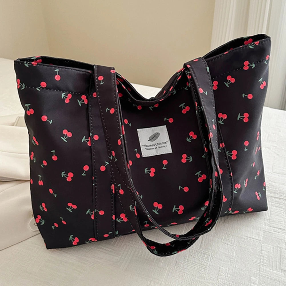 Cute Cherry Strawberry Print Casual Tote Bag Large Capacity Shoulder Purse Nylon Top Handle Bag Grocery Bag for Women