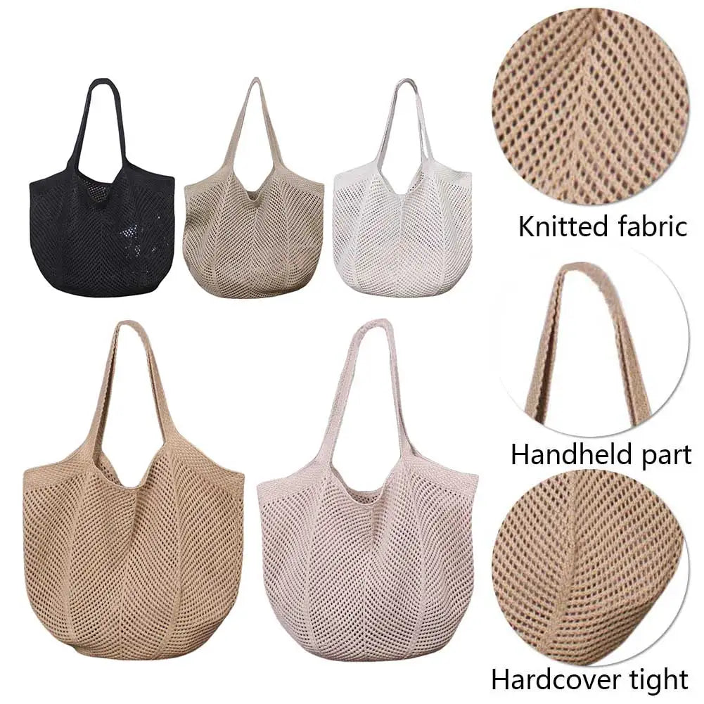 Women Aesthetic Shoulder Bag Solid Color Knitted Tote Handbag Large Capacity Knitting Shopping Handbag Female Outdoor Bag