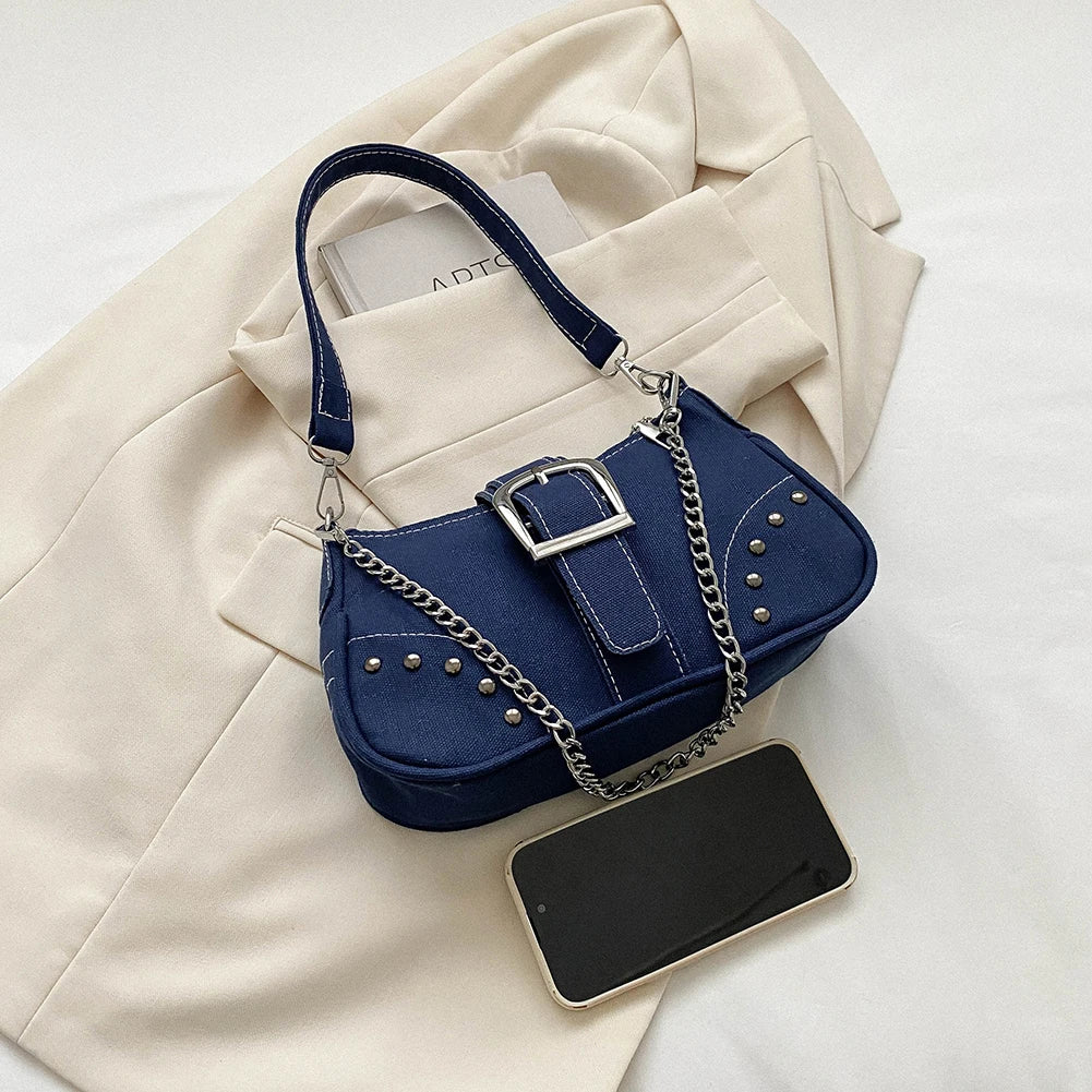 Women Vintage Rivet Bag Y2K Fashion Underarm Bag Canvas Casual Armpit Bag Zipper Closure Versatile Dating Bag