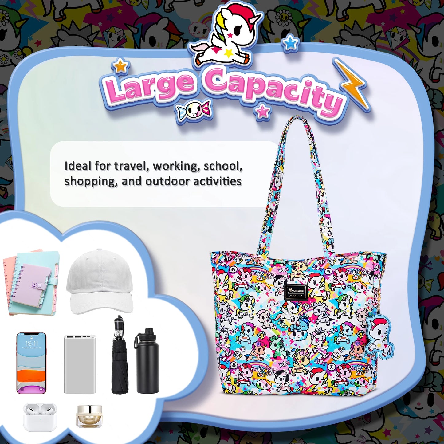 Tokidoki Official Licensed Shoulder Bag for Women with Unicorno Keychain Tote Bag Large Capacity Handbag for Work Travel