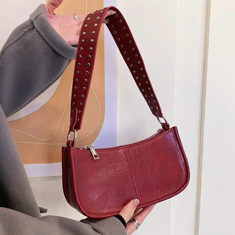 Women Underarm Satchel Bag Studded Decor Crossbody Bag Fashion PU Leather Retro Shoulder Bags Adjustable Strap Daily Handbag