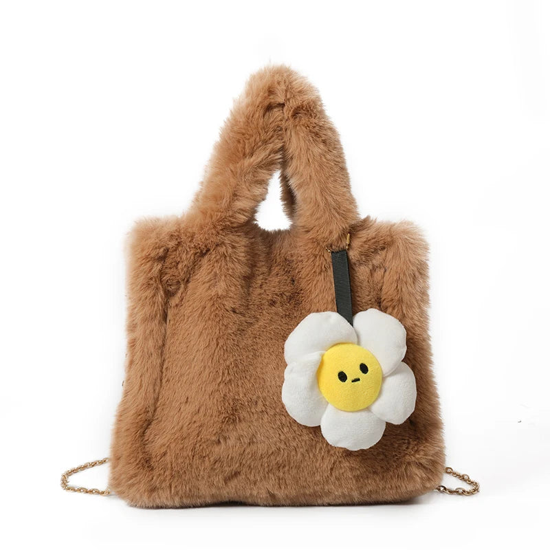 Women Plush Shoulder Bag with Chain Top Handle Bag Adjustable Strap Furry Purse Handbag for Work Travel