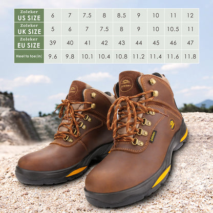Zoleker Hike Boots for Men,Soft Toe, Slip Resistant Safety Shoes, Waterproof Anti-Fatigue Brown