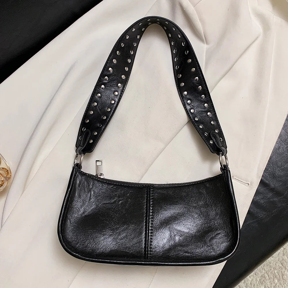 Women Underarm Satchel Bag Studded Decor Crossbody Bag Fashion PU Leather Retro Shoulder Bags Adjustable Strap Daily Handbag