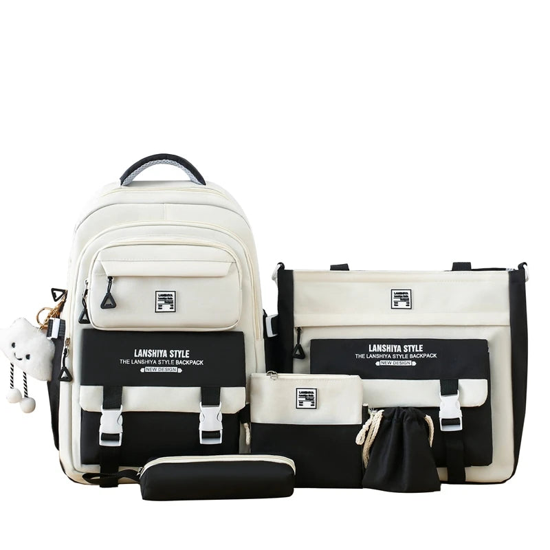 5pcs solid color backpack set, large capacity backpack, simple handbag and coin purse, casual crossbody bag, pencil case handbag