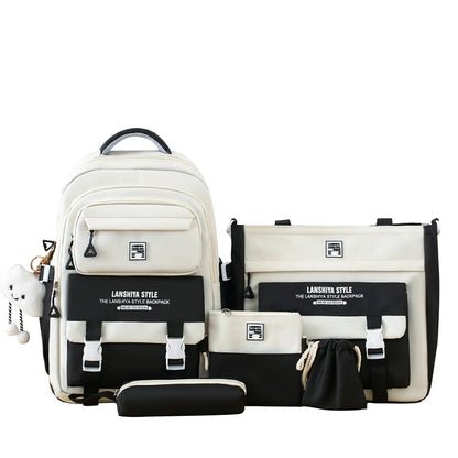 5pcs solid color backpack set, large capacity backpack, simple handbag and coin purse, casual crossbody bag, pencil case handbag