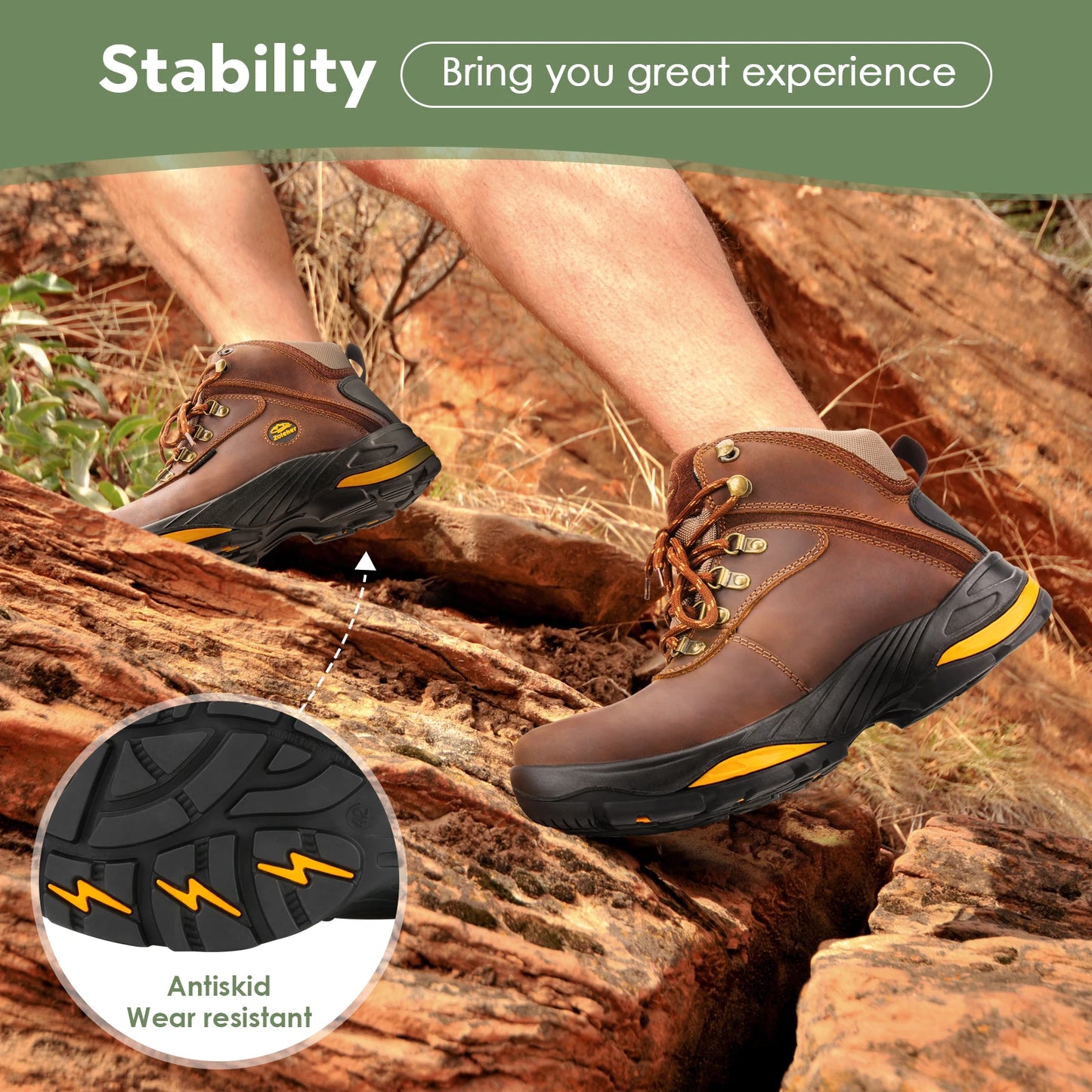Zoleker Hike Boots for Men,Soft Toe, Slip Resistant Safety Shoes, Waterproof Anti-Fatigue Brown