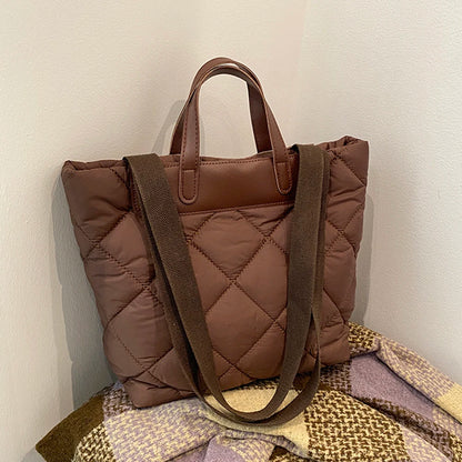 Women Nylon Shoulder Bag Quilted Large Purse with Inner Pocket Solid Color Satchel Bag for Work Travel