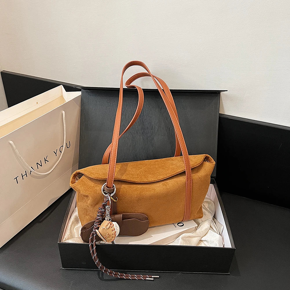 Women Suede Flap Underarm Bag with Inner Pocket Satchel Bag Large Capacity Solid Clutch Purse for Work Travel