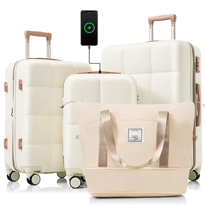 Luggage Sets 4 Piece 20-inch USB Port Expandable ABS Durable Suitcase Travel Bag Cup Holder ABS Hard Shell Luggage Spinner Wheel