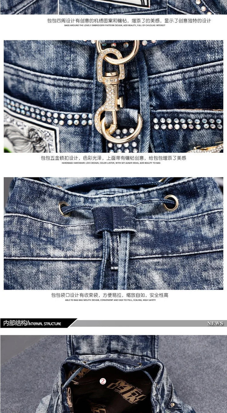 New in Fashion Denim Women Casual Backpack Large Capacity Jeans Shoulder Bag with Diamond Dec Female Backpacks