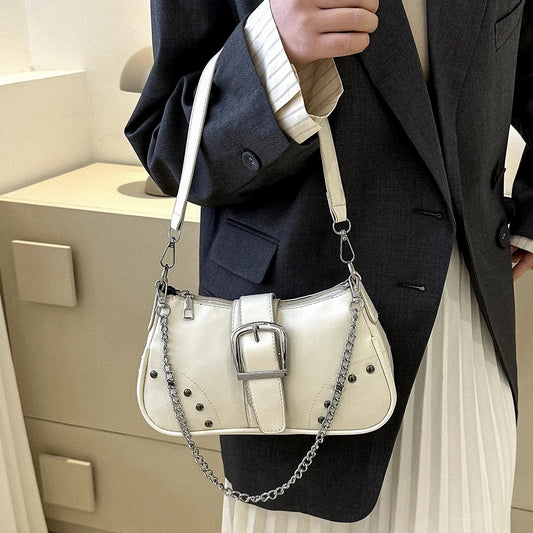 Women Armpit Bag Fashion Cool Style Crescent Bag Solid Color for Lady Girl Chic Large Bag with Chain Ornament