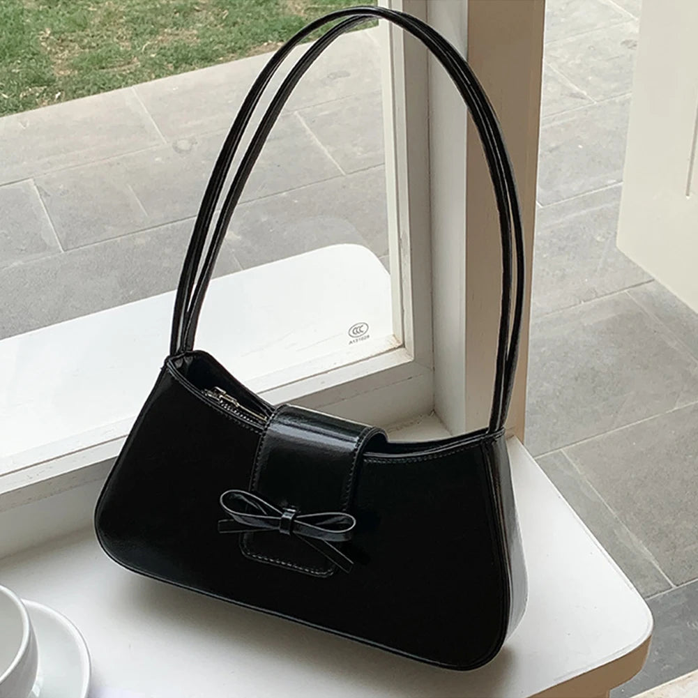 Sweet Bow Shoulder Bag with Zipper Closure Fashion Handbag Retro Everyday Purse Trendy Underarm Bag for Women and Girls