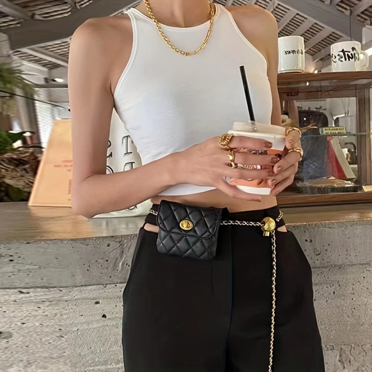 Women's Argyle Quilted Waist Purse in Fashionable Faux Leather - Stylish Chain Belt Bag Fanny Pack