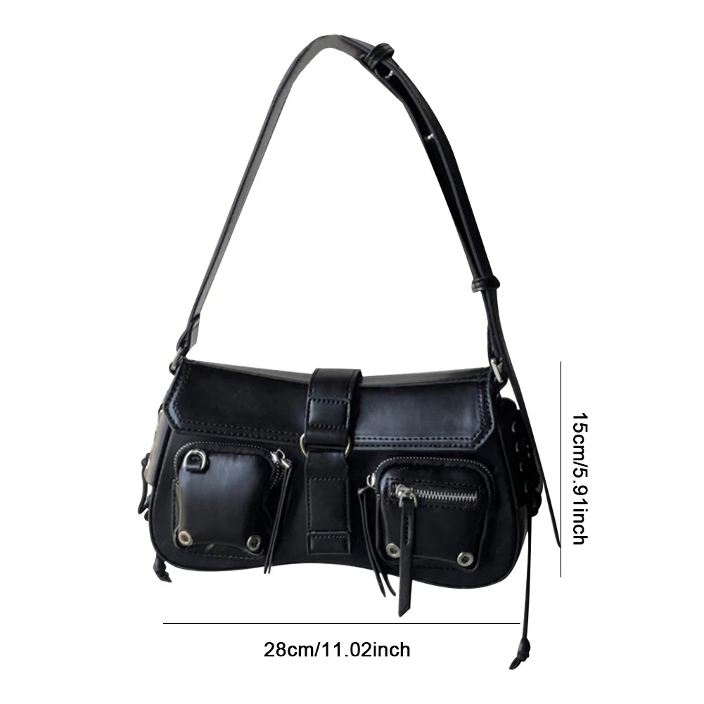 Women Punk Shoulder Bag PU Leather Retro Hobo Bag Multipocket Y2K Adjustable Strap Female Commute Daily Bag