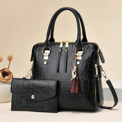 Fashion Crocodile Pattern Tote Bag Set - Large Capacity Soft Leather Women's Handbag with Tassel Charm