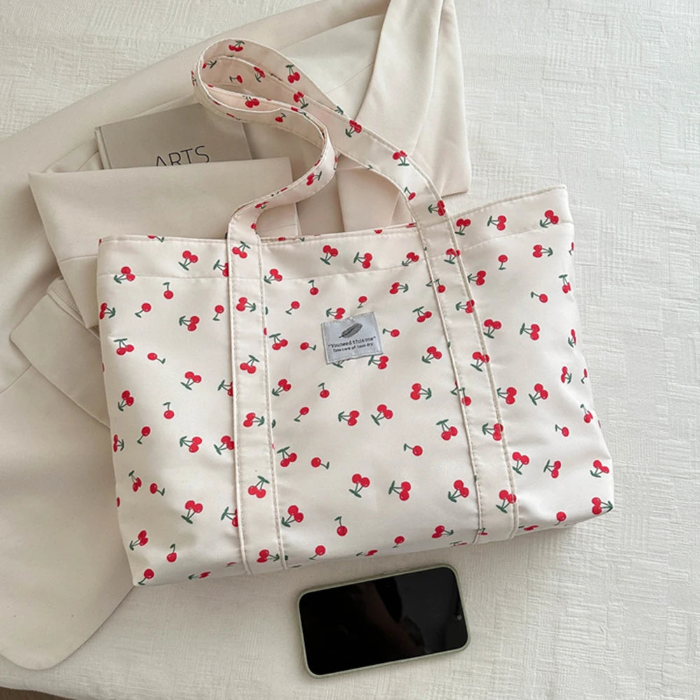 Cute Cherry Strawberry Print Casual Tote Bag Large Capacity Shoulder Purse Nylon Top Handle Bag Grocery Bag for Women