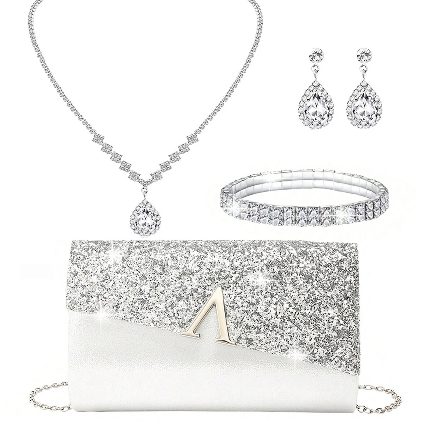 Evening Banquet Handbag Women Elegant Sparkly Flap Clutch Bag With Necklace, Earrings ,Bracelet 4Pcs Set Shoulder Wedding Purse