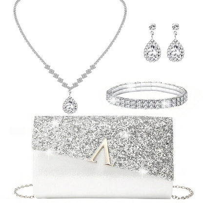 Evening Banquet Handbag Women Elegant Sparkly Flap Clutch Bag With Necklace, Earrings ,Bracelet 4Pcs Set Shoulder Wedding Purse