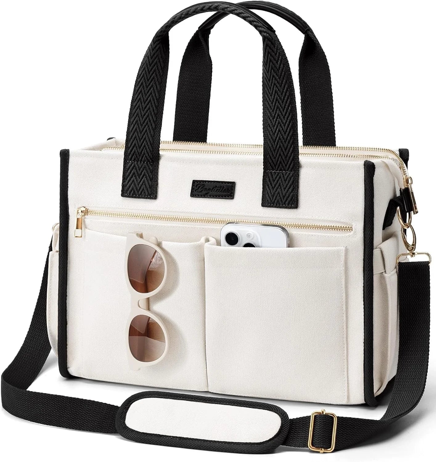 Canvas Tote Bag for Women, 15-Pocket Large Crossbody Handbag Bible Laptop Bag Zipper Bookbag for Teacher Work Travel College