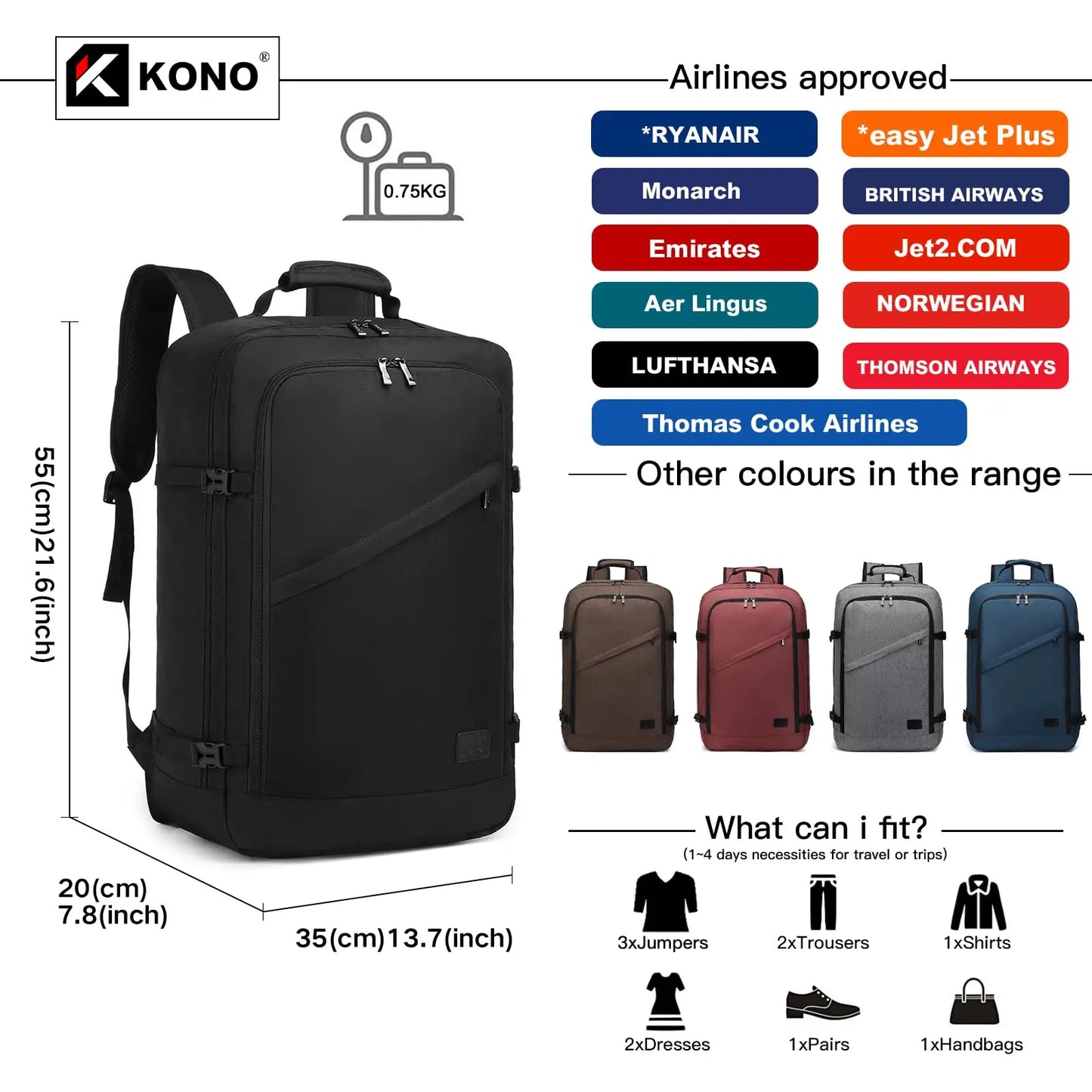 Kono Carry on Backpack 55x35x20cm Large Cabin Flight Bag Travel Hand Luggage Shoulder Bag 38L