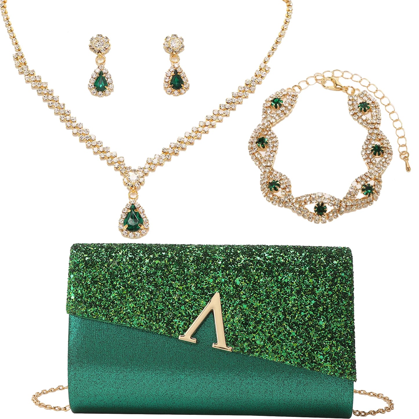 4 Pieces Women Evening Clutch Bag Rhinestone Ear Clip Bridal Wedding Choker Bracelet Dangle Bling Glitter Purse Jewelry Set