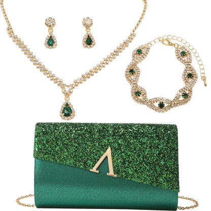 4 Pieces Women Evening Clutch Bag Rhinestone Ear Clip Bridal Wedding Choker Bracelet Dangle Bling Glitter Purse Jewelry Set