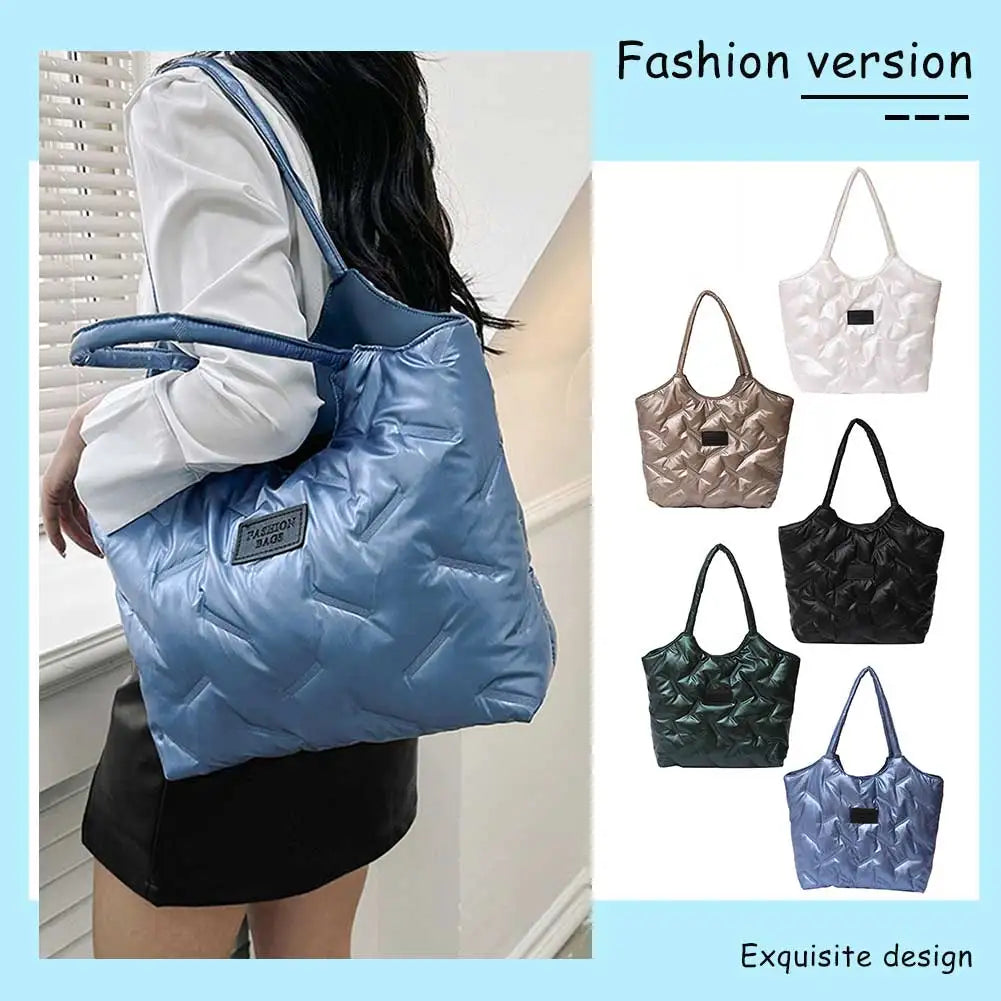 Women Solid Puffer Bag Versatile Quilted Shoulder Bag Big Capacity Down Tote Handbags Casual Winter Shopper Bag