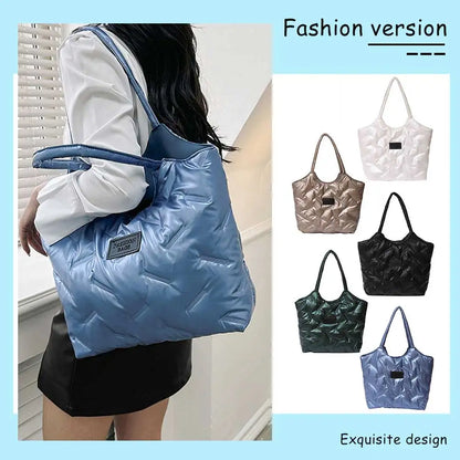 Women Solid Puffer Bag Versatile Quilted Shoulder Bag Big Capacity Down Tote Handbags Casual Winter Shopper Bag