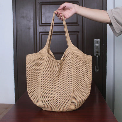 Women Aesthetic Shoulder Bag Solid Color Knitted Tote Handbag Large Capacity Knitting Shopping Handbag Female Outdoor Bag
