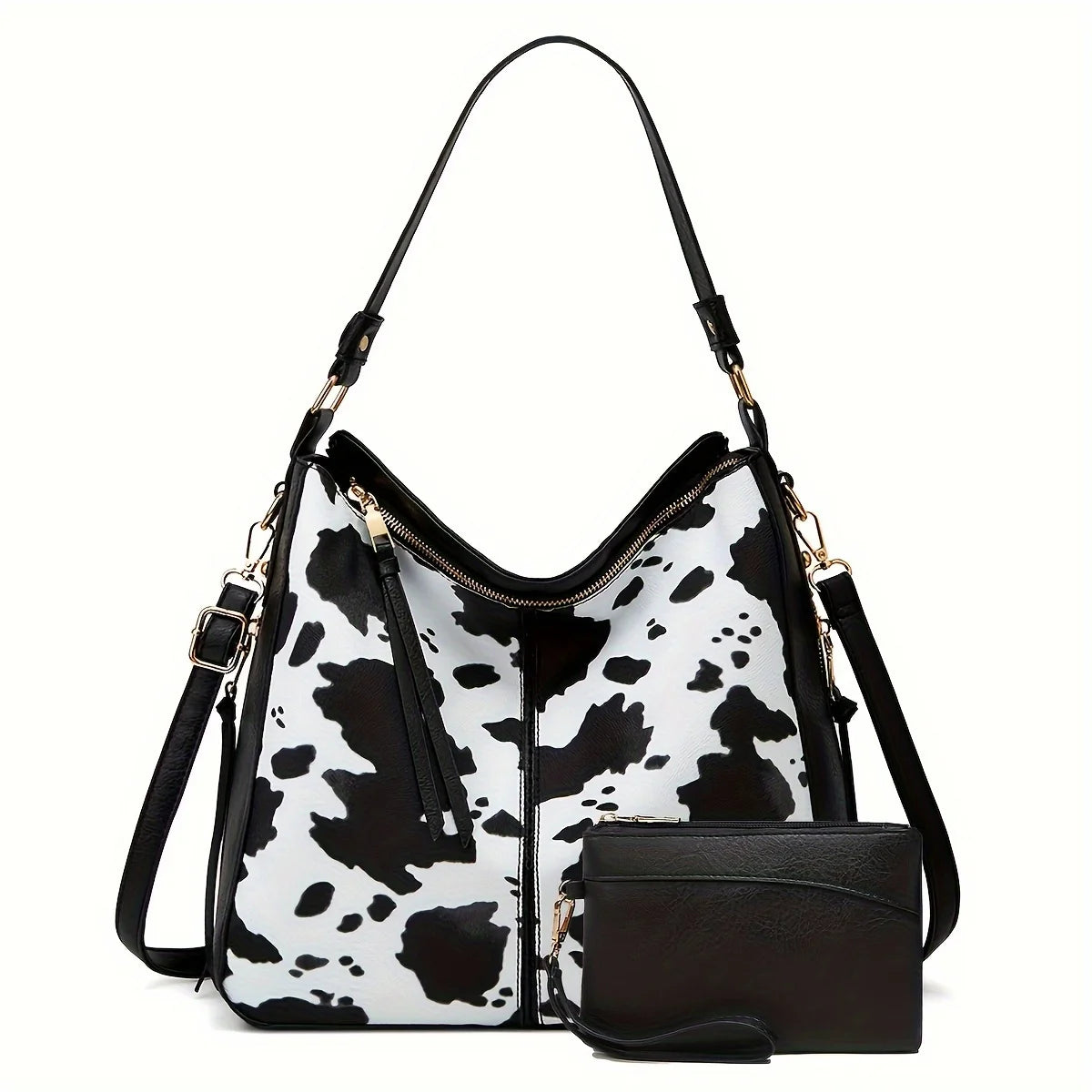 2PC Set Purses Tote Bag For Women, Handbags PU Leather Large Shoulder Bag,  Cow Pattern Work Bags With Multi-Pockets