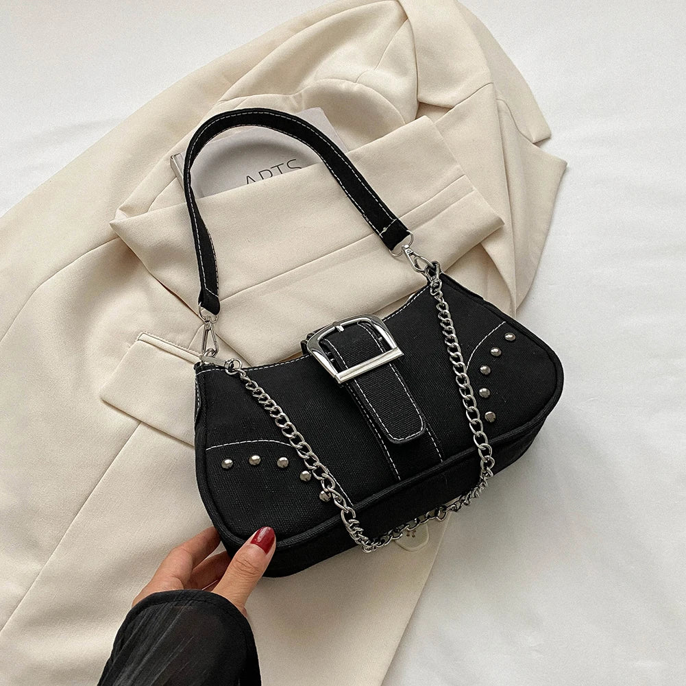 Women Vintage Rivet Bag Y2K Fashion Underarm Bag Canvas Casual Armpit Bag Zipper Closure Versatile Dating Bag