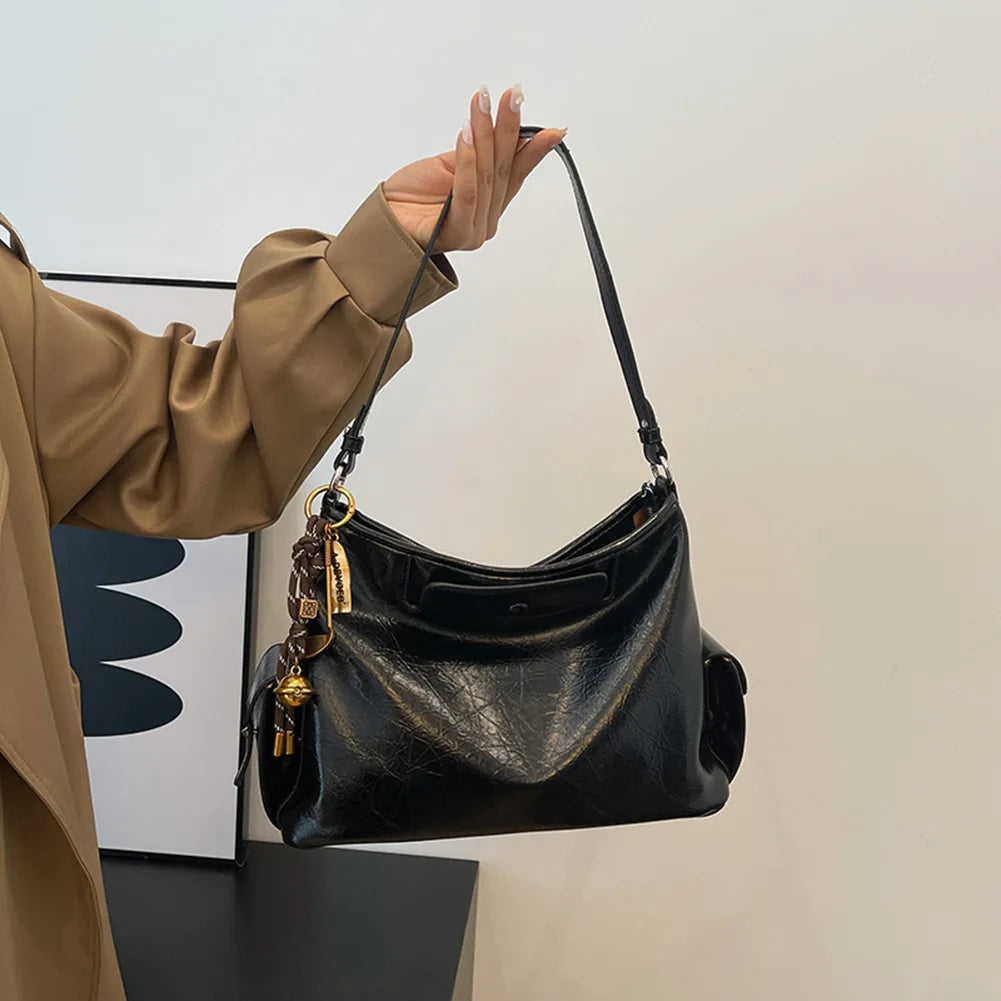Women Casual Underarm Bag with Pendant Retro Crossbody Bag PU Leather Trendy Tote Bag Travel Shopping Work Date Bag