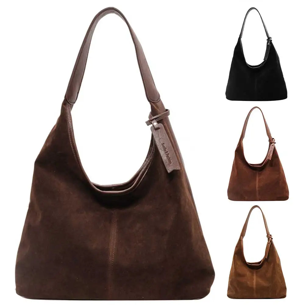 Women Suede Hobo Bag Slouchy Tote Bag Magnetic Closure Retro Handbag Large Capacity for Work Travel