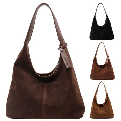 Women Suede Hobo Bag Slouchy Tote Bag Magnetic Closure Retro Handbag Large Capacity for Work Travel