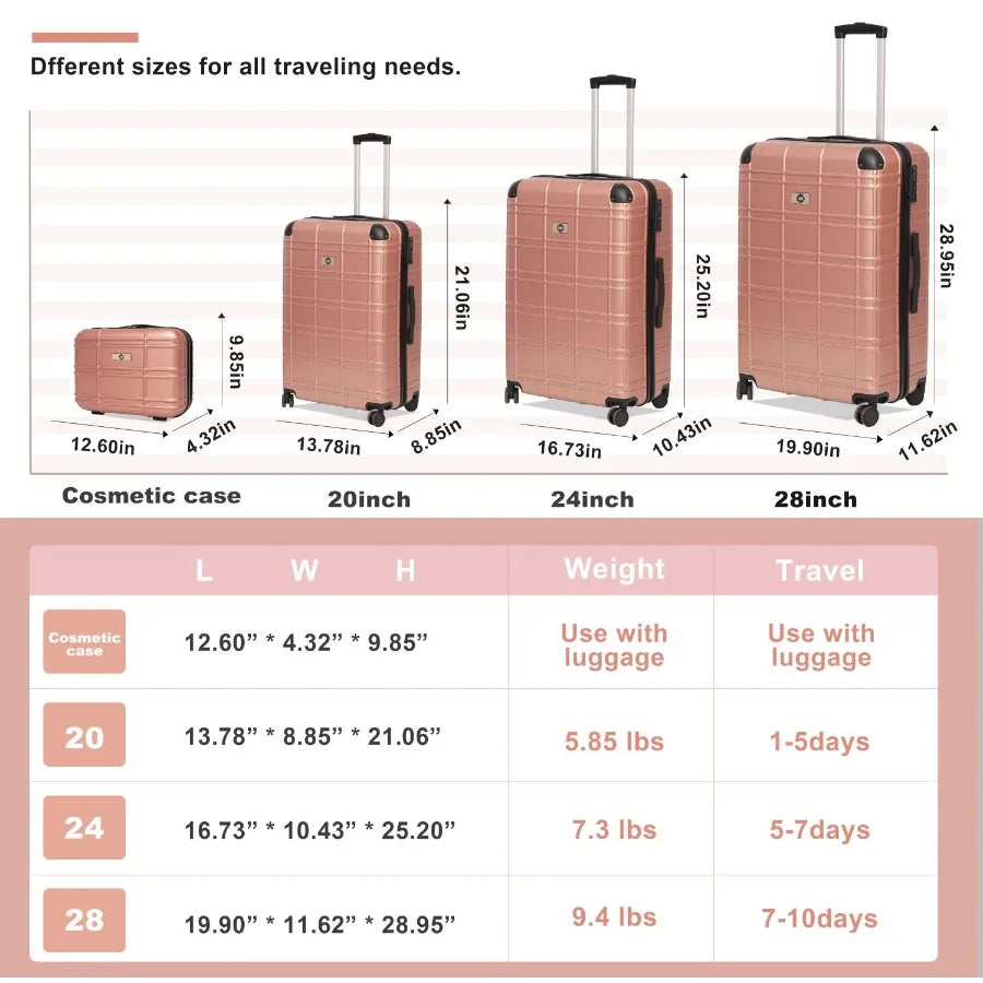Luggage Sets ABS+PC Hardshell 4pcs Luggage Hardside Lightweight Durable Suitcase sets Spinner Wheels Suitcase with TSA Lock 12