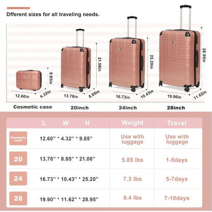 Luggage Sets ABS+PC Hardshell 4pcs Luggage Hardside Lightweight Durable Suitcase sets Spinner Wheels Suitcase with TSA Lock 12