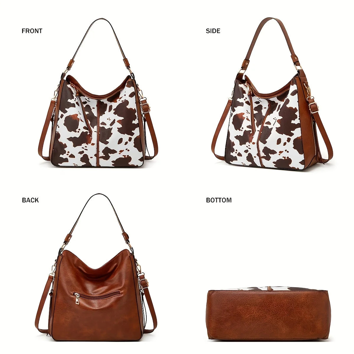 2PC Set Purses Tote Bag For Women, Handbags PU Leather Large Shoulder Bag,  Cow Pattern Work Bags With Multi-Pockets