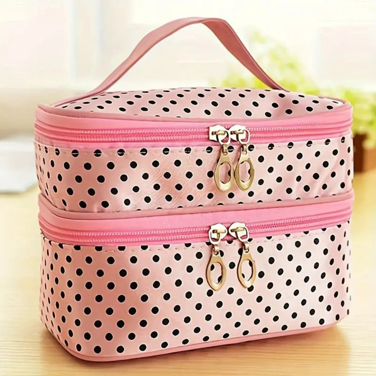 Double Layer Polka Dot Makeup Bag for Women, Travel Toiletry Organizer with Handle & Brush Holder, Cosmetic Pouch for Ladies