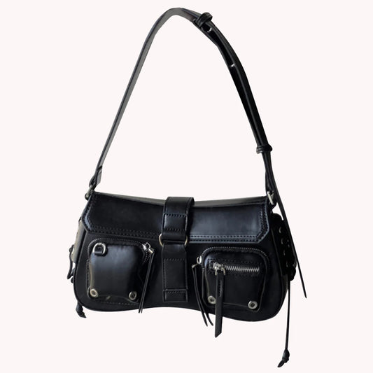 Women Punk Shoulder Bag PU Leather Retro Hobo Bag Multipocket Y2K Adjustable Strap Female Commute Daily Bag