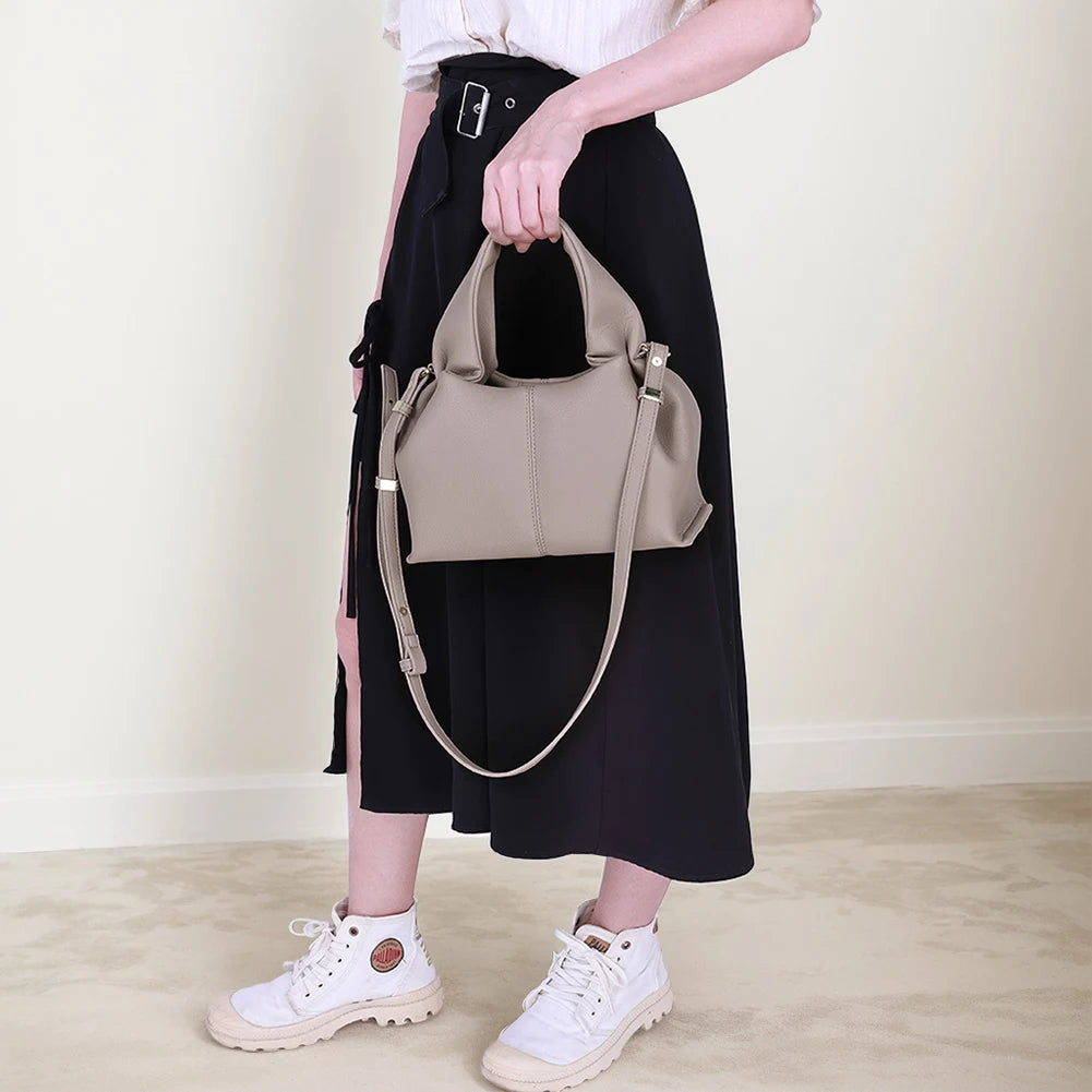 Soft Cloud Bag Solid Color Dumpling Clutch Purse with Removable Strap Retro Crossbody Bag PU Leather Top Handle Bag for Women