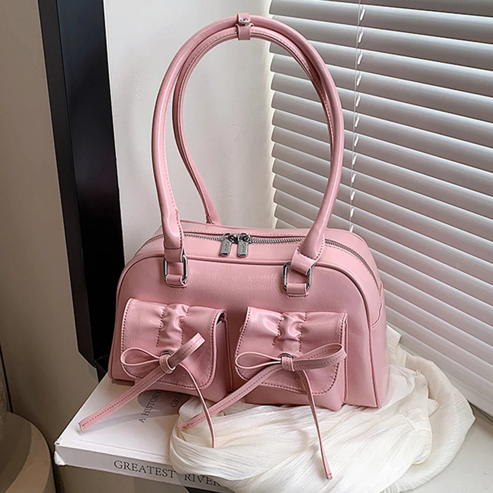 Women Trendy Handbags Double Pockets PU Leather Stylish Underarm Bag with Bow Casual Armpit Bag Solid Color for Travel Vacation