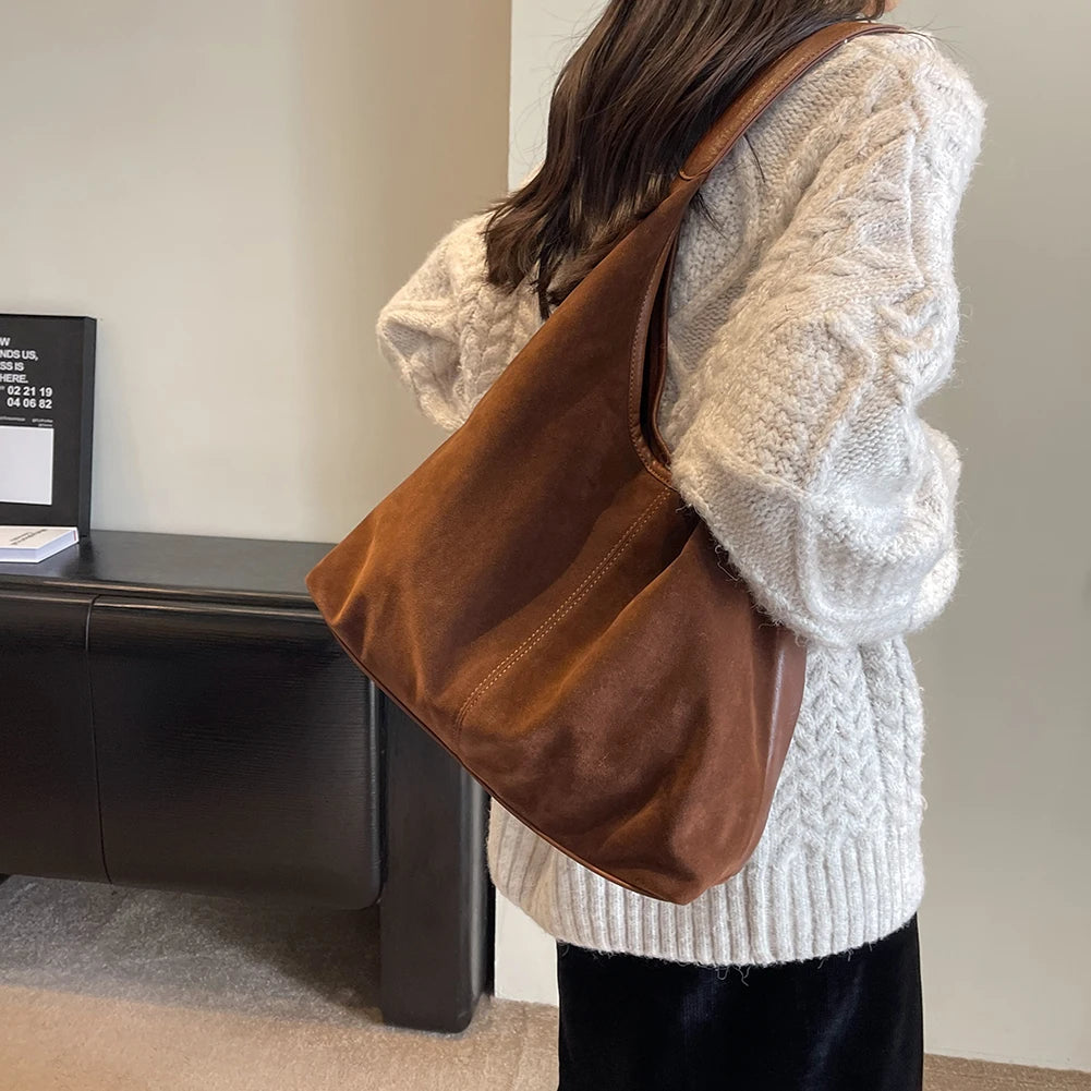 Women Suede Hobo Bag Magnetic Closure Tote Bag Large Capacity Retro Handbag Purse for Work Travel