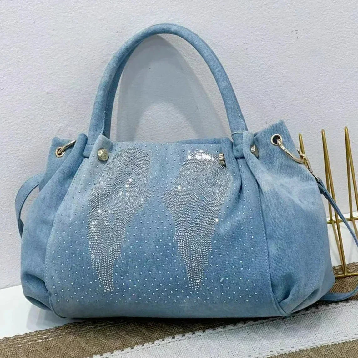 Fashion Denim Women Handbag with Crystal Diamond Casual Jeans Tote Bag Shoulder Bag Crossbody Bag