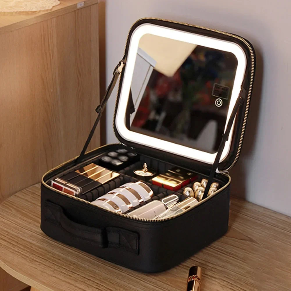 Women Smart LED Cosmetic Case with Mirror Cosmetic Bag Large Capacity Fashion Portable Storage Bag Travel Makeup Bags for ladies