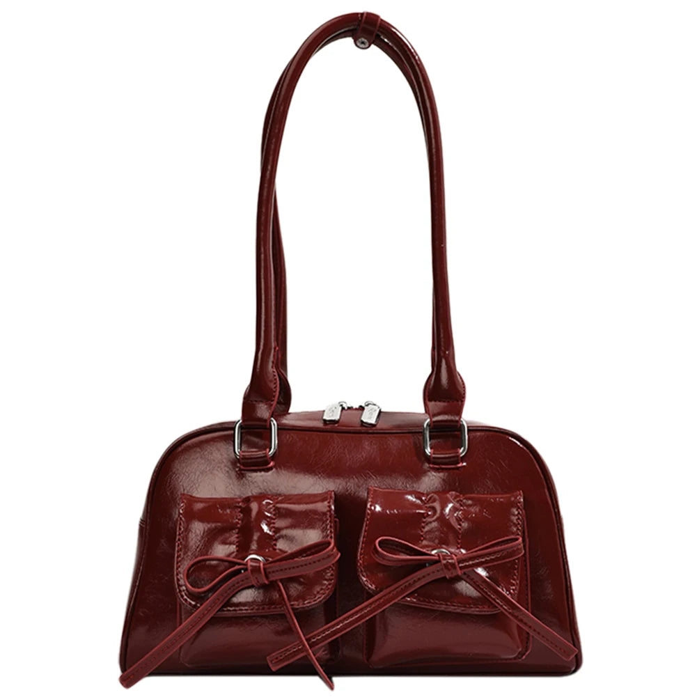 Women Trendy Handbags Double Pockets PU Leather Stylish Underarm Bag with Bow Casual Armpit Bag Solid Color for Travel Vacation