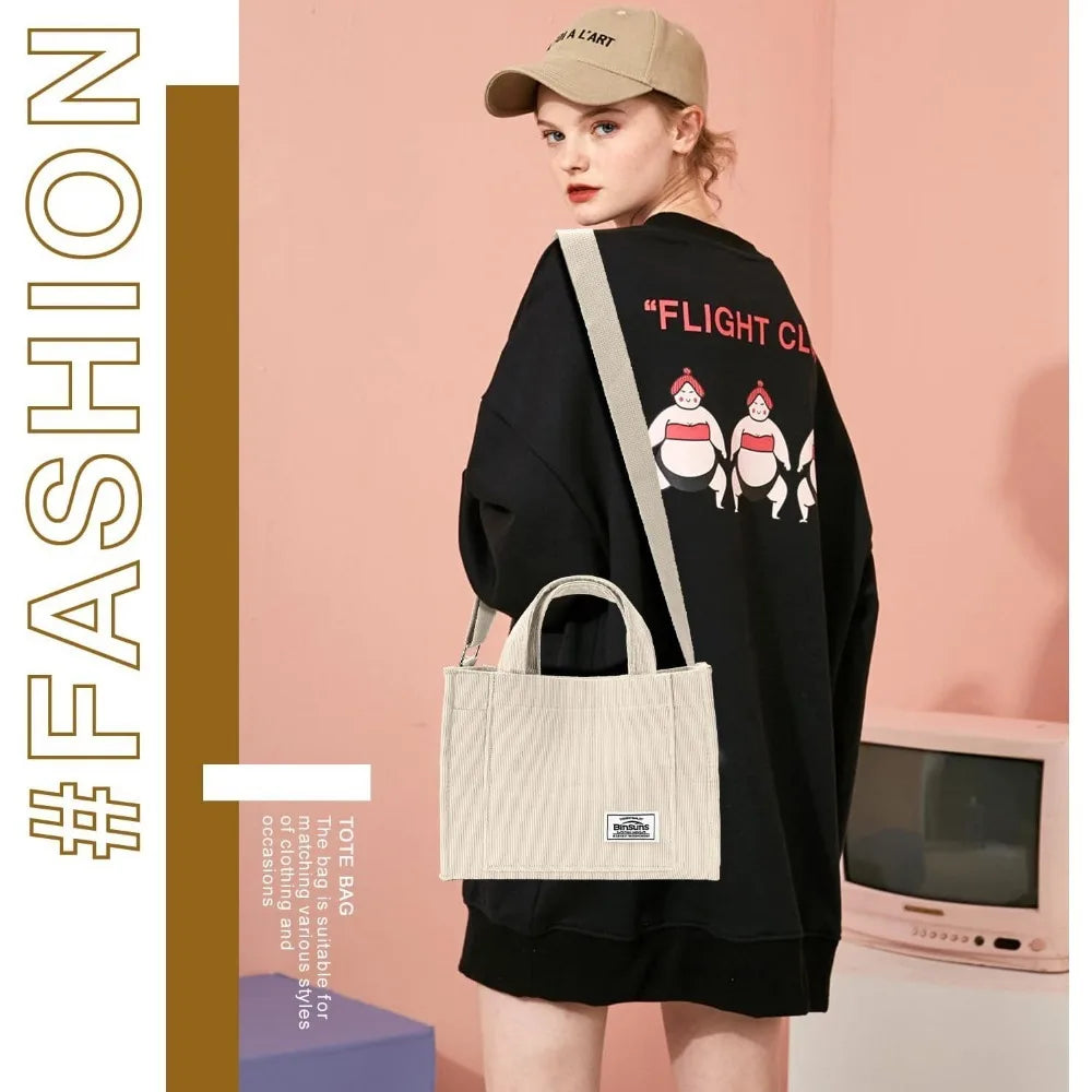 Corduroy Tote Bag for Women Small Satchel Bag Mini Tote Bag Aesthetic Crossbody Handbag - School Work Travel Shopping