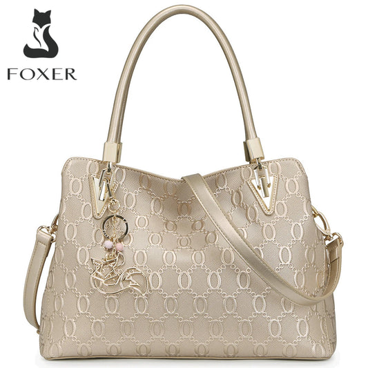 FOXER Women Big Cowhide Shoulder Bag Female Split Leather Handbag Fashion Lady Tote Large Capacity Top Handle Bag