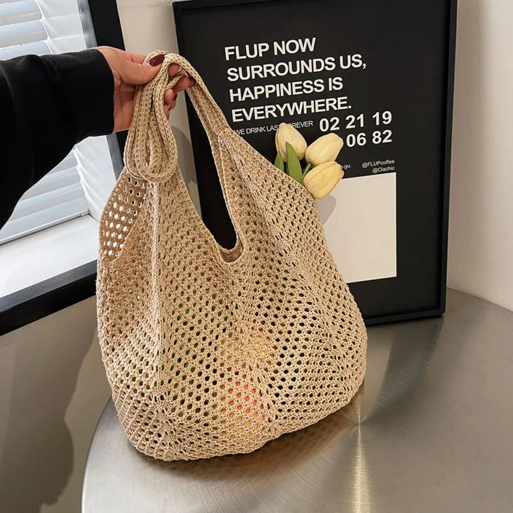 Retro Hand Knitted Shoulder Bag Fashion Women's Hollow Woven Handbag Large Capacity Solid Crochet Tote Bag Summer Mesh Beach Bag