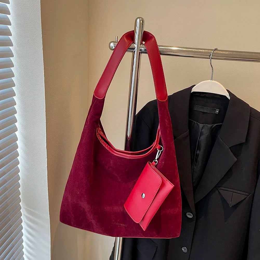 Women Suede Shoulder Bag with Inner Pocket Crescent Bag Magnetic Closure Large Handbag Commuting Shopping Bag